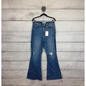 Cello Women's Blue Striped Distressed High Rise Flare Boho Jeans Size 11